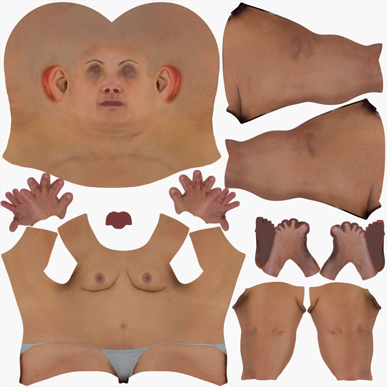 Unwrapped UV map layout for a female 3D body scan showing low-distortion texture coordinate arrangement